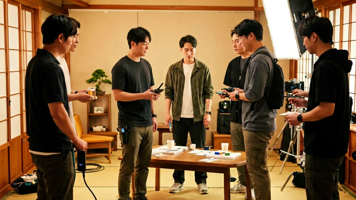 多名演员在日式室内布景中拍摄剧情类影片，画面色调偏暖，演员表情自然，灯光柔和呈现电影感氛围