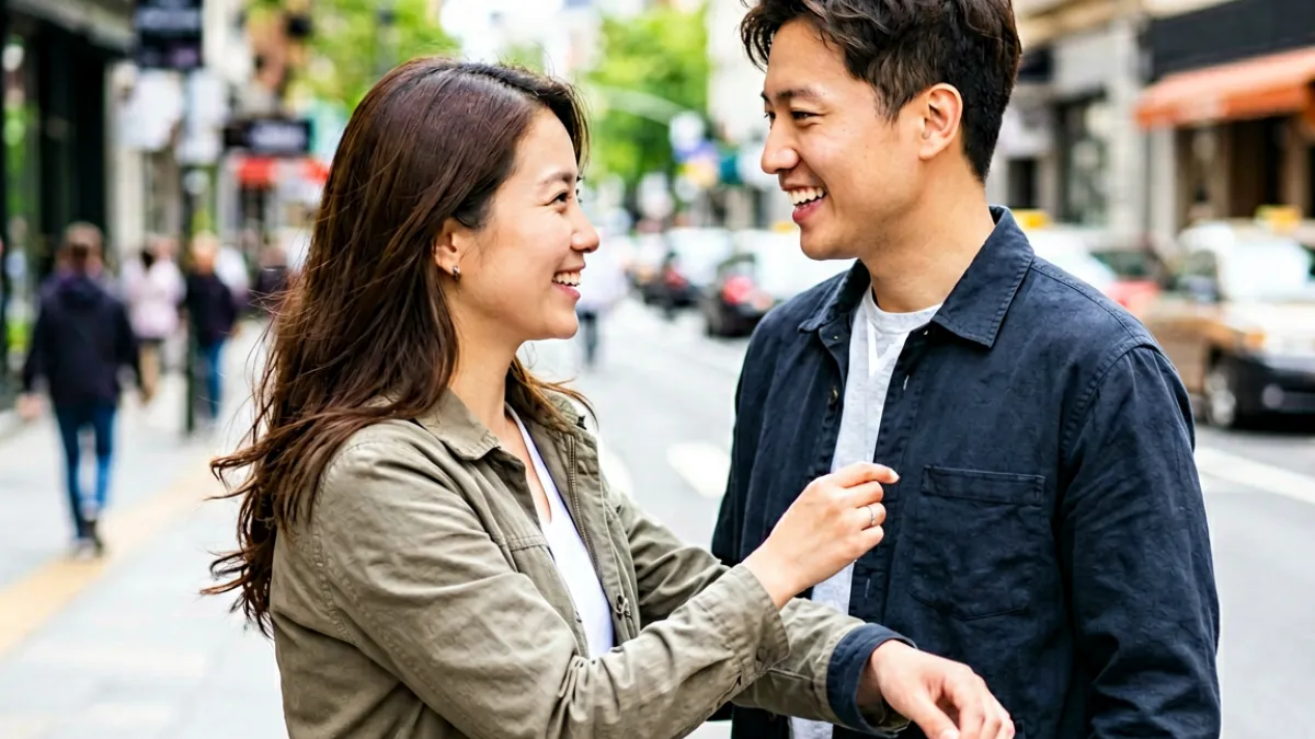 都市背景下双人互动场景，镜头采用中近景构图，背景虚化处理突出前景人物动态
